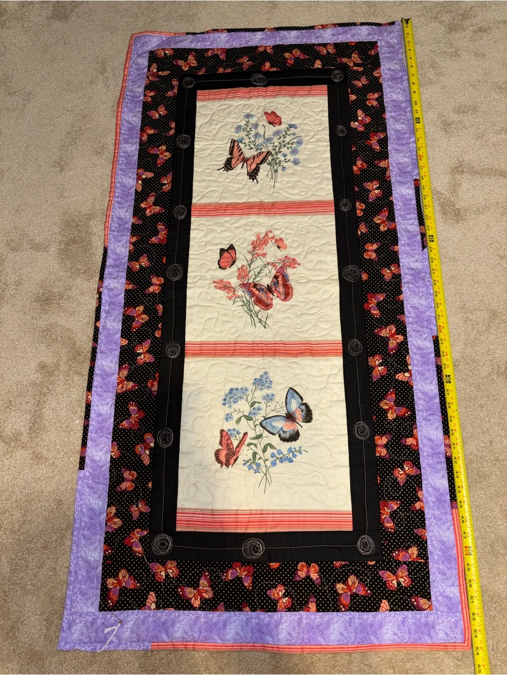 Handmade Butterfly Floral Quilted Table Runner in Purple and Black